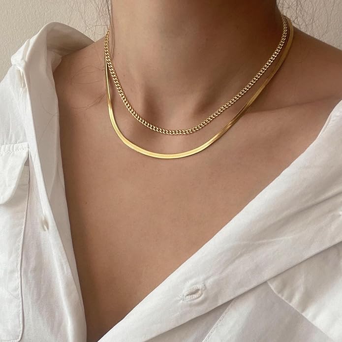 Herringbone Necklace for Women,Dainty Gold Necklace,14k Gold Plated Snake,Gold Chain Choker Necklaces,Simple Gold Layered Necklaces,Gold Jewelry Gift for Women