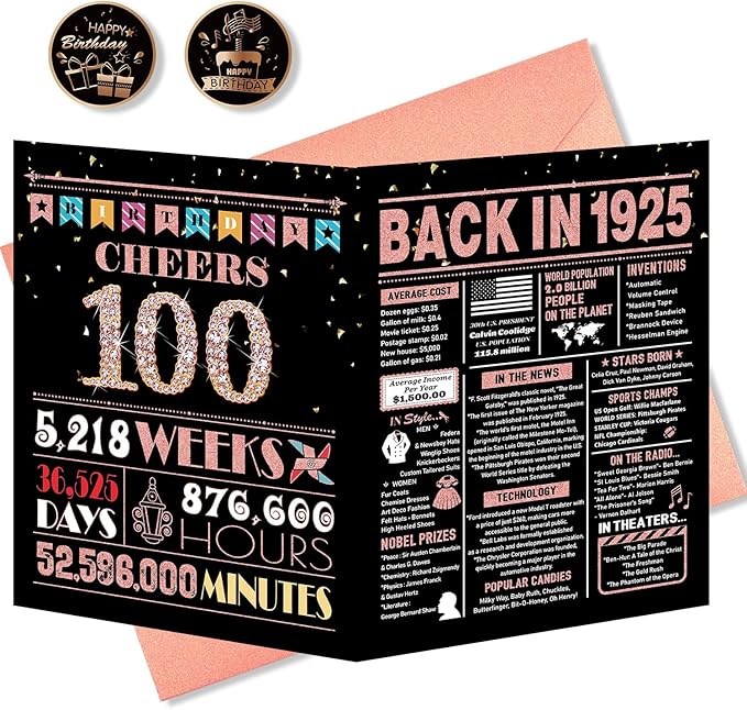 100th Birthday Card, 100th Birthday Decorations for Women, 100th Birthday Gifts for Grandma, Back in 1925 Birthday Card, Rose Gold
