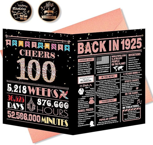 100th Birthday Card, 100th Birthday Decorations for Women, 100th Birthday Gifts for Grandma, Back in 1925 Birthday Card, Rose Gold