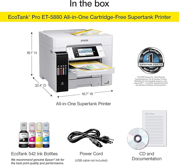 Epson EcoTank Pro ET-5880 Wireless Color All-in-One Supertank Printer with Scanner, Copier, Fax, Ethernet and PCL/Postscript, White