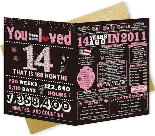 14th Birthday Card Gifts for Girls, Daughter, Niece, Granddaughter, 14th Birthday Decorations for Girls, Large Birthday Card for 14 Year Old, Funny Back in 2011 Birthday Card, Rose Pink Gold