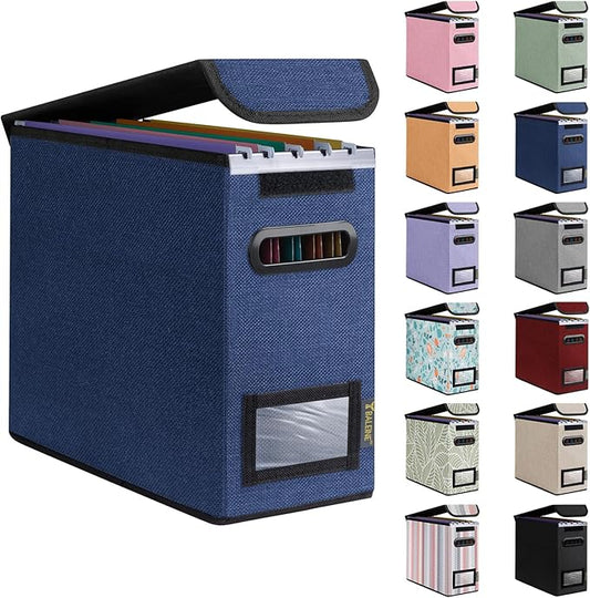 BALEINE File Organizer Box with Lid, Collapsible File Folder Organizer with Plastic Slide, Hanging File Folder Box for Office Document Storage (1 Pack, Blue, S)