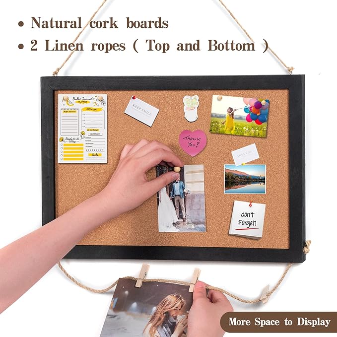 Miratino Cork Board Bulletin Board, 16 x 11 Inches Wooden Frame Pin Board, Cute Cork Boards for Walls Hanging for Office, Home Decor, School (Pins, Clips, Strings) Black