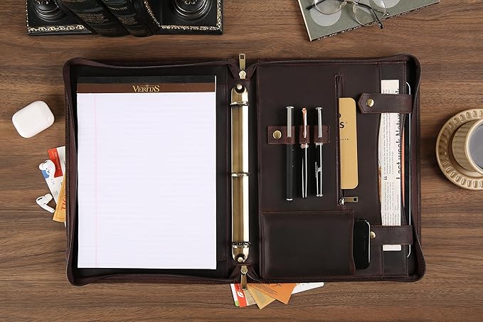 Portfolio Binder 3 Ring, Leather Binder Portfolio Folder for Left-Handed, Zippered Portfolio Padfolio Binder for Women, Leather Portfolio Organizer for Men (Dark Brown, Non-Custom)