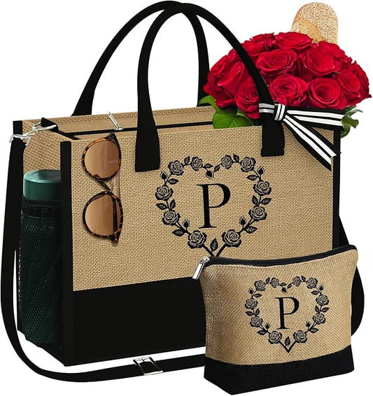 YOOLIFE Christmas Gifts for Women - Initial Jute Tote Bag & Makeup Bag, Birthday Gifts for Women Her Mom Teacher Friend