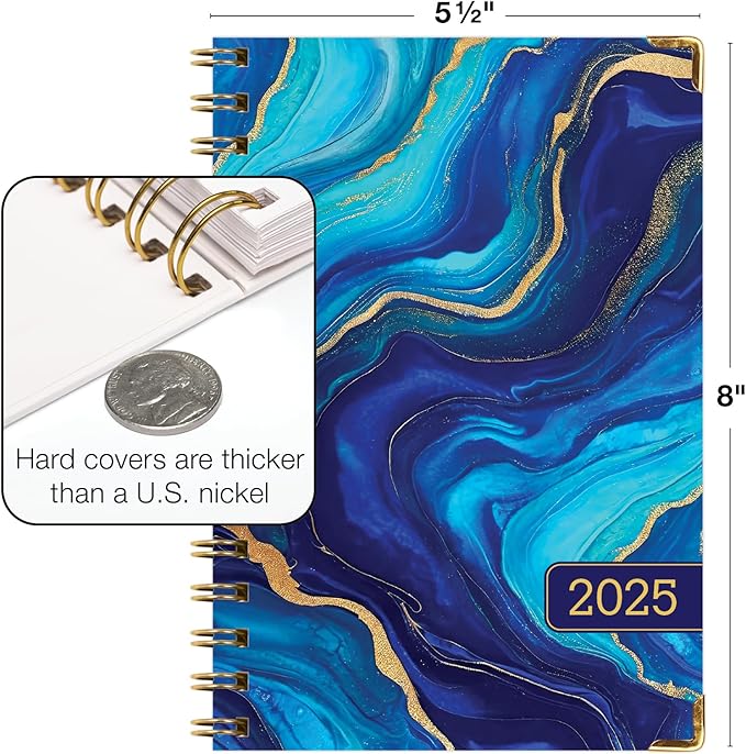HARDCOVER 2025 Planner, 5.5"x8": 14 Months (November 2024 - December 2025), Daily Weekly Monthly Planner, Yearly Agenda, Bookmark, Pocket Folder and Sticky Note Set (Dark Blue Marble)