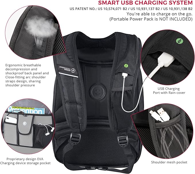 Swissdigital Design Large Travel Backpack For Men, TSA-Friendly Business Laptop Backpack, USB Charging Port，RFID Protection Tech Backpack Fits 15.6Inch Laptop (TERABYTE J16BTF-21) One Nation One World