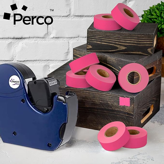 Perco 2 Line Fluorescent Pink Labels - 32 Rolls, 4 Sleeves, 24,000 Blank Price and Date Gun Labels for Perco 2 Line Price and Date Guns - Made in USA