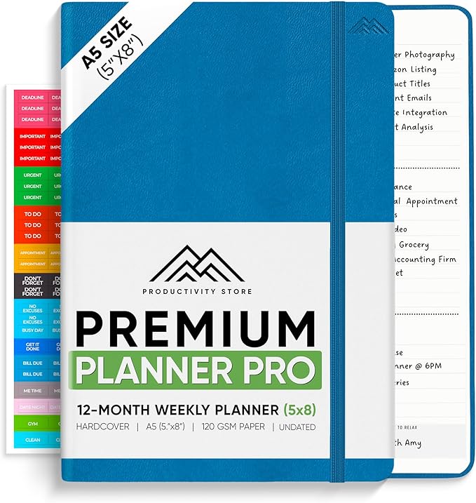 PRODUCTIVITY STORE Pro - Undated, 2025 Planner, 5.8” x 8.3” - The #1 Productivity Planner to Achieve Your 2025 Goals - Planner 2025-2026 - Navy - A5