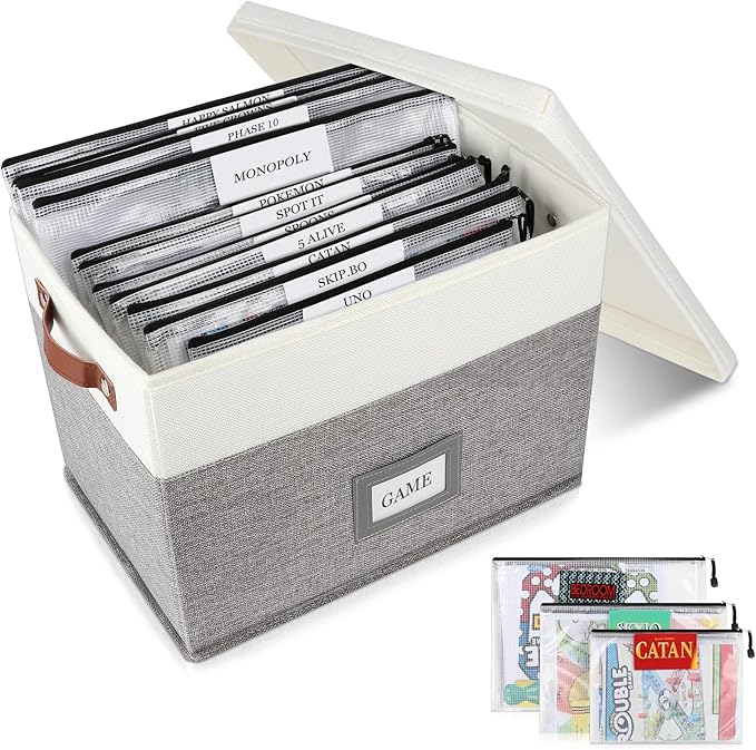 Board Game Storage, Board Game Organizer with 12pcs Zipper Bags and Writable Stickers, Board Game Organizers Storage with Lid for Office Supplies, Puzzles, Video Game, Craft Product