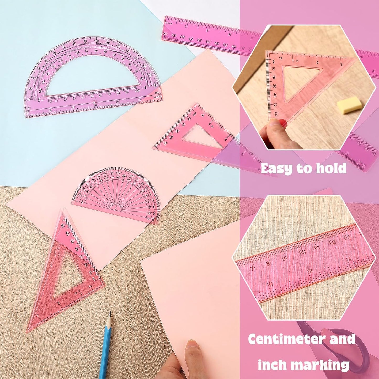 Tenare 1 Set Plastic Clear Math Set Includes Protractor Triangle Rulers 12 Inch 6 Inch Straight Geometry Math Transparent Ruler Measuring Tool for School Office Home Supplies(Pink)