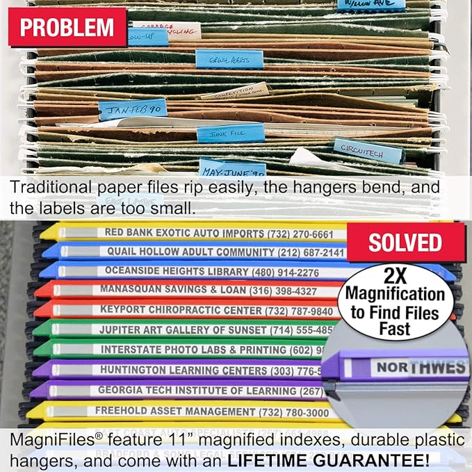 Ultimate Office MagniFile Hanging File Folders V- Bottom Letter Size with 11 inch Magnified Indexes That Double The Size of Your File Titles to Find Files Fast. (Set of 5 Frost)