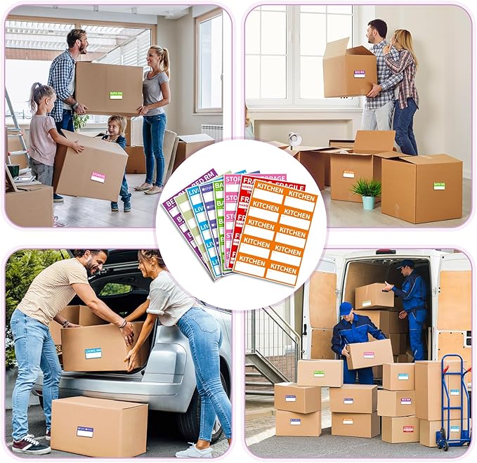 680 Home Moving Labels, 3.4 x 2 inches, 8-Color Coded Packing Box Stickers with Fragile and Blank Customizable Labels