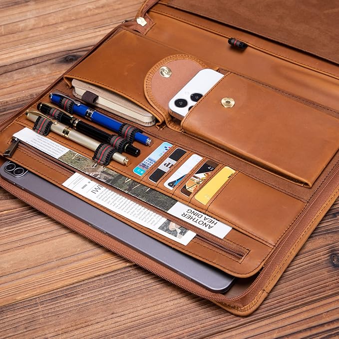 Handmade Crazy-Horse Leather Padfolio Portfolio, Easy to Carry with A Zippered Closure, Business Organizer Tablet Folio Folder with Letter Size Notepad, Gift for Women & Men (Brown, Custom)