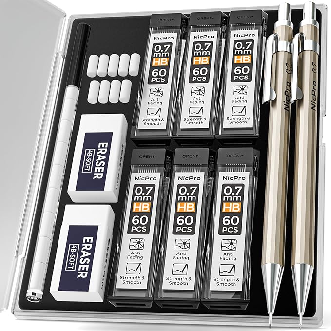 Nicpro 2 PCS 0.7 mm Metal Mechanical Pencils Set, Drafting Pencil for Artist Writing, Sketching, Drawing, with 4 Tubes HB Lead Refill & Erasers, Erasers Refills & Storage Case