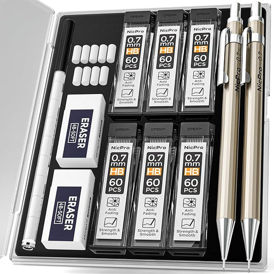Nicpro 2 PCS 0.7 mm Metal Mechanical Pencils Set, Drafting Pencil for Artist Writing, Sketching, Drawing, with 4 Tubes HB Lead Refill & Erasers, Erasers Refills & Storage Case