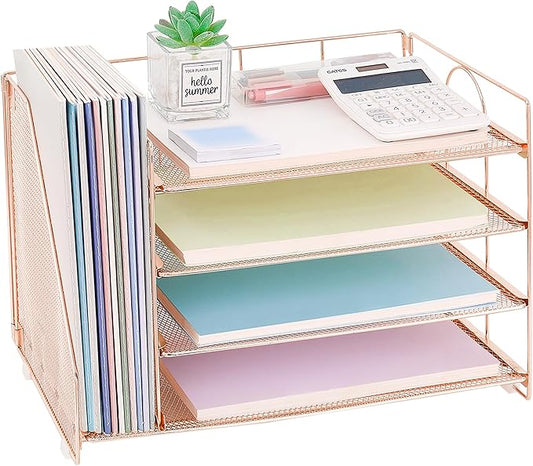 OPNCIE Desk Organizers and Accessories, 4 Tier Paper Letter Tray File Organizer, Office Organization Storage Desk Accessories Workspace Desktop Organizer for Classroom Office Supplies Decor, Rose Gold