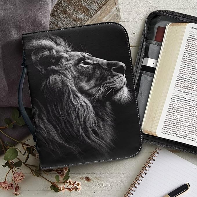 Lotusorchid Lion Print Faux Leather Bible Covers for Men, Portable Zippered Bible Carrying Case Bible Tote Bag for Women Girls, Christian Bible Study Accessories, Black, 2XL