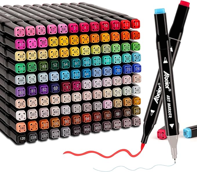 ABEIER Dual Brush Tip Marker Pens, 120 Vibrant Colors, Water-Based, Non-Toxic Art Supplies for Kids Adults, Perfect for journaling, Drawing, Sketching, and Illustration in Coloring Books