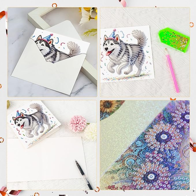Tontut 6pcs Diamond Art Painting Kit Greeting Card, Balloon Puppy 5D DIY Diamond Handmade Holiday Glitter Greeting Card with Envelope, Holiday Gift Congratulation