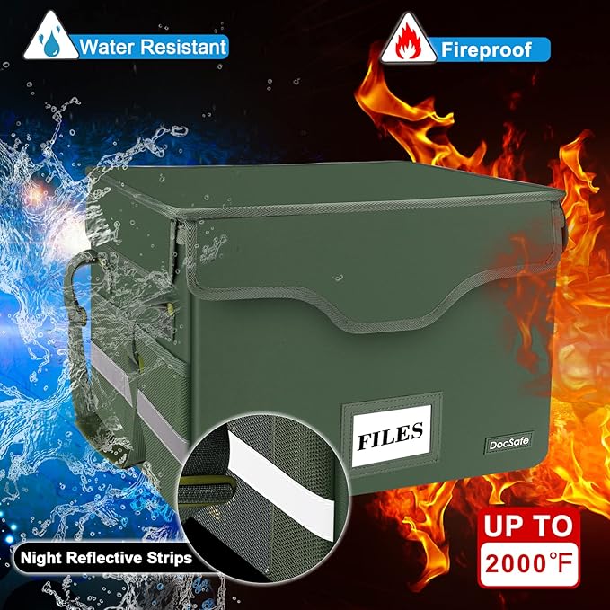 DocSafe File Box Fireproof Document Box with Lock,File Storage Organizer Box with Insert Mesh Pocket,Collapsible Portable File Box Home Office File Cabinet for Hanging Letter/Legal Folder,Green,2 Pack