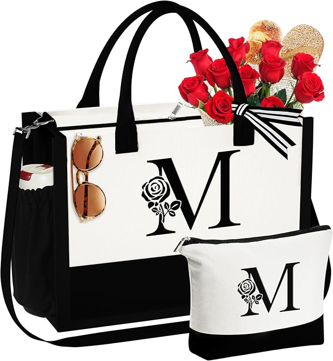 YOOLIFE Christmas Gifts for Women - Initial Canvas Tote Bag & Makeup Bag Birthday Gifts for Women Mom Friend Teacher Sister