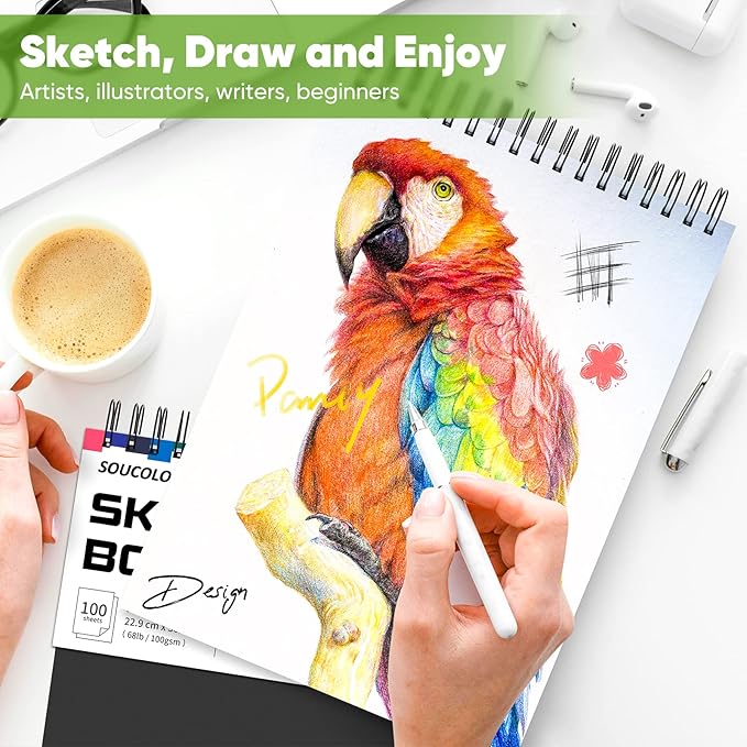 Soucolor 9" x 12" Sketch Book, 1-Pack 100 Sheets Spiral Bound Art Sketchbook, (68lb/100gsm) Acid Free Artist Drawing Book Paper Painting Drawing Writing Sketching Pad for Kids Adult Teens Girls Boys