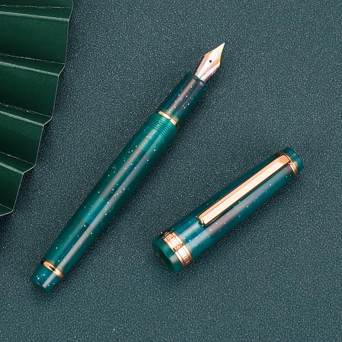 Jinhao 82 Acrylic Fountain Pen, Iridium Fine Nib with Ink Converter, Transparent Peacock Blue Fluorescent Classic Design Smooth Writing Pen (Gold Trim)