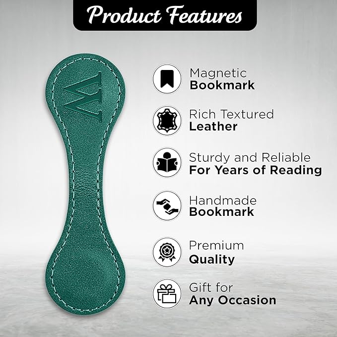 Personalized Leather Magnetic Bookmarks (1 Pack) Vintage Custom Engraved Initial ID Identification Book Marker Clip Gift for Book Lover Avid Readers (Letter W, Green)