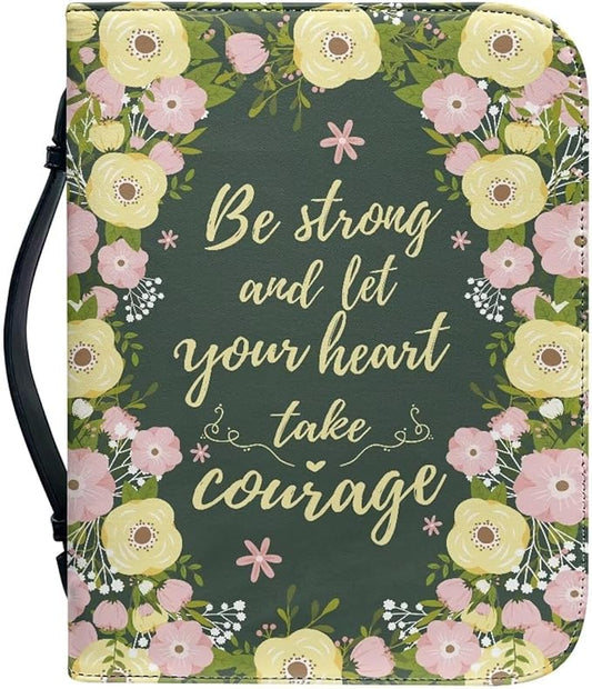 Lotusorchid Floral Bible Book Cover Case with Handle Pocket, Portable Bible Cover Case with Pen Storage, Sturdy PU Bible Tote Bag with Verse for Women Girls, Bible Accessories, Green,L