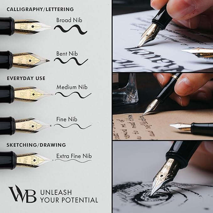 Wordsworth & Black Fountain Pen Set, 18K Gilded Medium Nib, Includes 24 Pack Ink Cartridges, Ink Refill Converter & Gift Box, Gold Finish, Calligraphy, [Black Rose Gold], Perfect for Men & Women