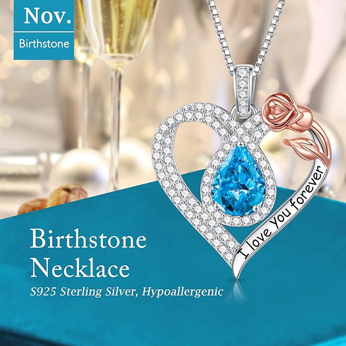 Hidepoo Christmas Gifts for Women Mom Wife - Sterling Silver Rose Heart Birthstone Necklace I Love You Forever Heart Pendant Teardrop Necklace Jewelry Anniversary Valentines Christmas Birthday Gifts