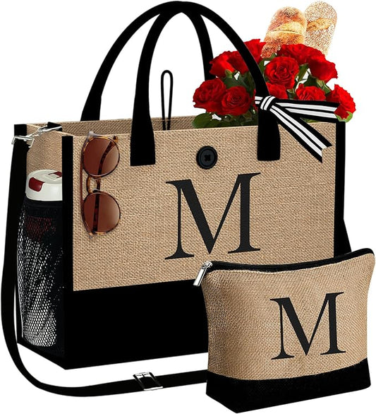 YOOLIFE Christmas Gifts for Women - Initial Jute Tote Bag & Makeup Bag, Birthday Gifts for Women Her Mom Teacher Friend