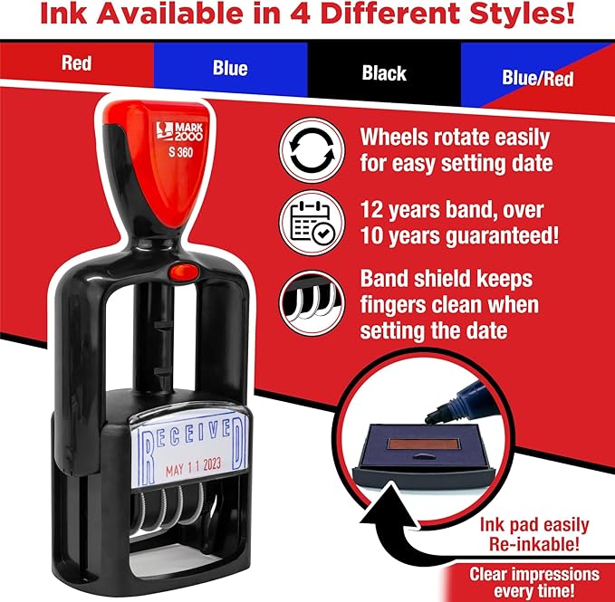 Self-Inking Rubber Date Office Stamp with Deposited Phrase - Red Ink - 12-Year Band