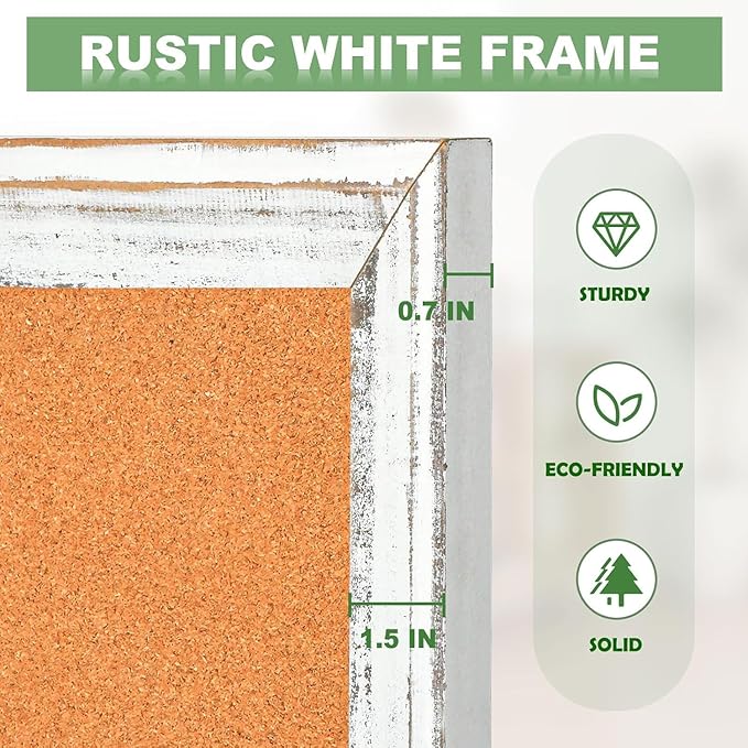 DOLLAR BOSS White Cork Board - 30 X 20 Inches, Rustic Wooden Frame, Decorative Hanging Pin Board for Office & Home Decor