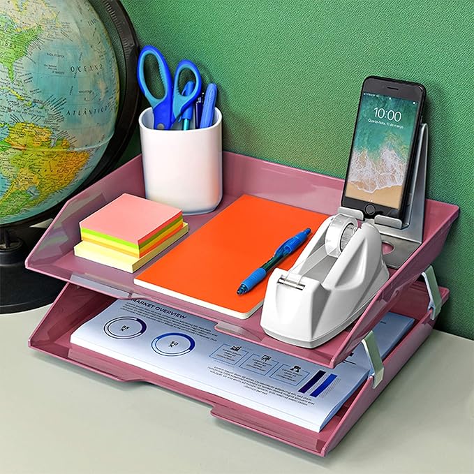 Acrimet 2 Tier Side Load Letter Tray Facility, Desktop File Organizer, A4 Letter Size Paper Organizer, Minimalist Storage Solution Paper Tray for Office, Home, Classroom (Plastic, Solid Pink Color)