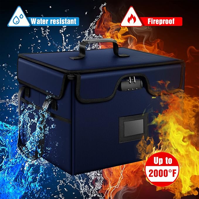 AMBOR File Box with Lock, Fireproof Document Box with 5 Tabs & Inserts, Collapsible File Organizer with Handle for Letter & Legal Size Folder/Certifications/Books Storage, Blue