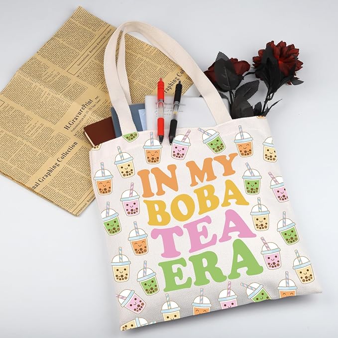 WSNANG Drinks Bubble Tea Gift In My Tea Era Canvas Tote Bag Bubble Tea Shoulder Bag Cute Milk Tea Shopping bag