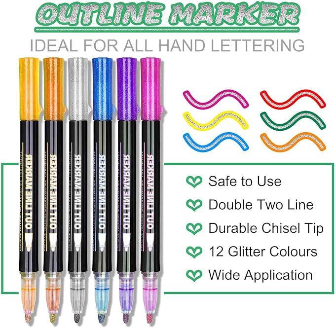 Easter Basket Essentials, 12 Colors Shimmer Markers Outline Glitter Pens, Easter Basket Stuffers for Teens, Teen Girl Gifts Trendy Stuff, Art Supplies Crafts Gifts for 4-12 Year Old Girls