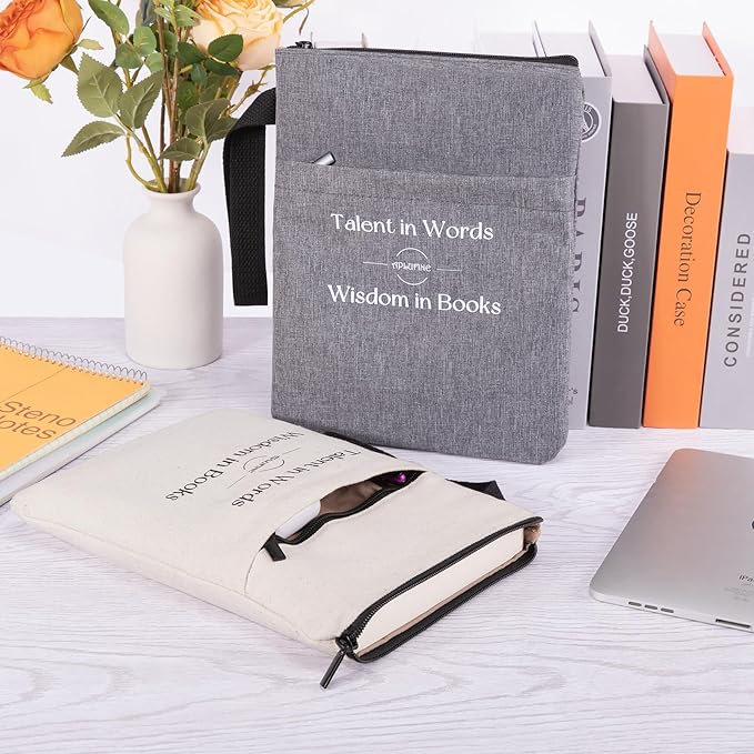 Book Sleeve for Book Lovers - Book Covers with Zipper Pockets - Canvas Book Protector for Paperbacks, Softcover - Washablle Book Pouch - Book Carrying Case - Book Carrier- Book Gift