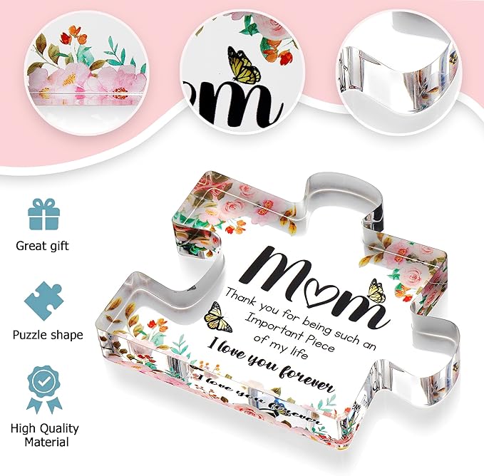 VELENTI Gifts for Mom - Cute Engraved Acrylic Block Puzzle Piece - Adorable Mum Gift from Son, Daughter - Fun Christmas, Mothers Day, Retirement Gift Idea - Fancy Decoration Piece for Home, Office