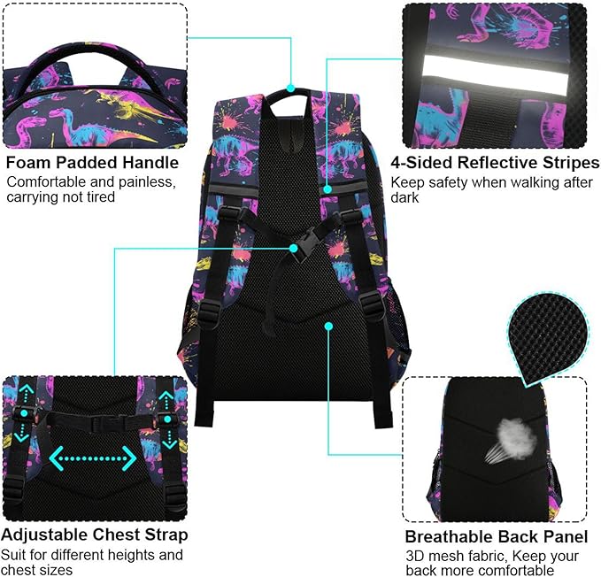 MNSRUU Laptop Backpack with Chest Strap, Neon Funny Dinosaurs School Backpack, Travel Hiking Backpack for Boys Girls Teen Adult, Rucksack, Knapsack
