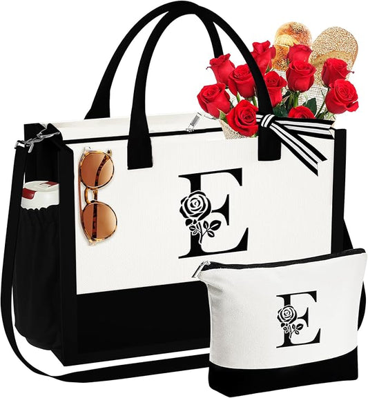 YOOLIFE Christmas Gifts for Women - Initial Canvas Tote Bag & Makeup Bag Birthday Gifts for Women Mom Friend Teacher Sister