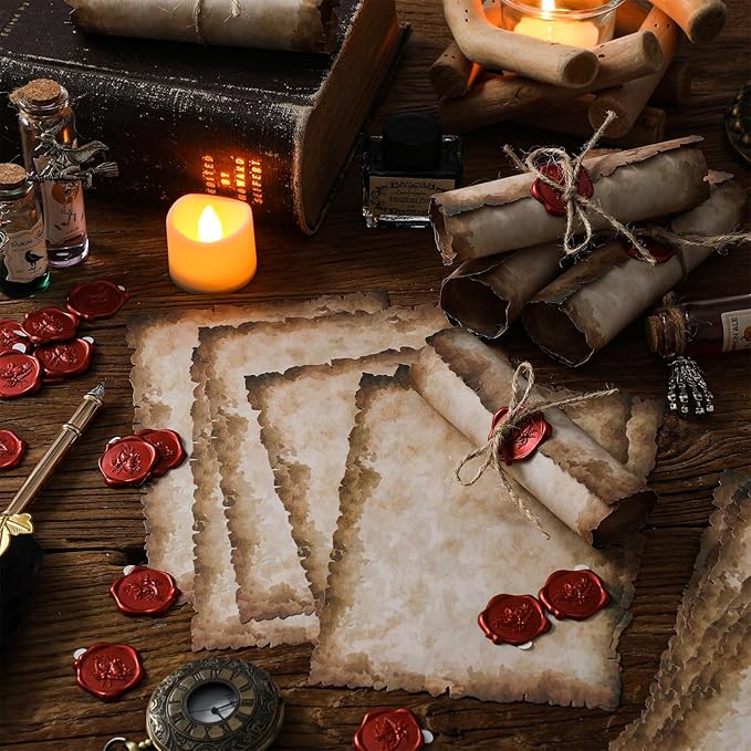 Vintage Writing Invitations Set Includes 100 Letter Antique Scroll Rustic Papers 100 Wax Seal Stickers 3 Strands of Twine for Valentines Mother Stationery Old Medieval Cardstock(4 x 6 Inch)