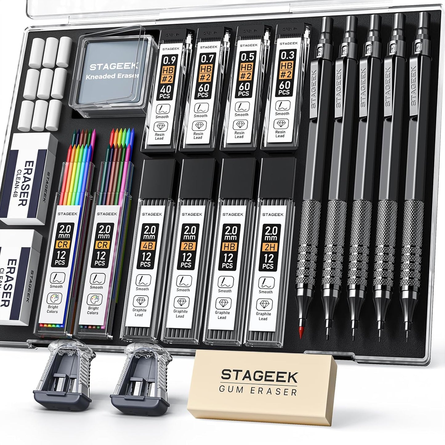 21PCS Metal Mechanical Pencil Set, Art Lead Pencil 0.3, 0.5, 0.7, 0.9, 2mm Holder(HB 2H 2B 4B Color) with 10 Tubes Graphite Lead Refills Eraser with Case for Drafting Drawing Sketching