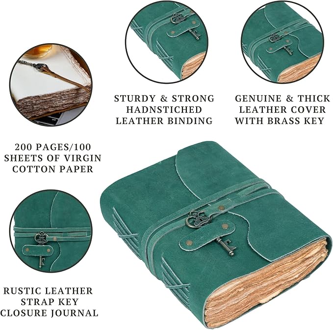LEATHER VILLAGE Vintage Leather Journal – 200 Handmade Vintage Deckle Edge Paper – Leather bound Journal For Women Men – Vintage Key Closure - Book of Shadows - Turquoise - 10X7 inches