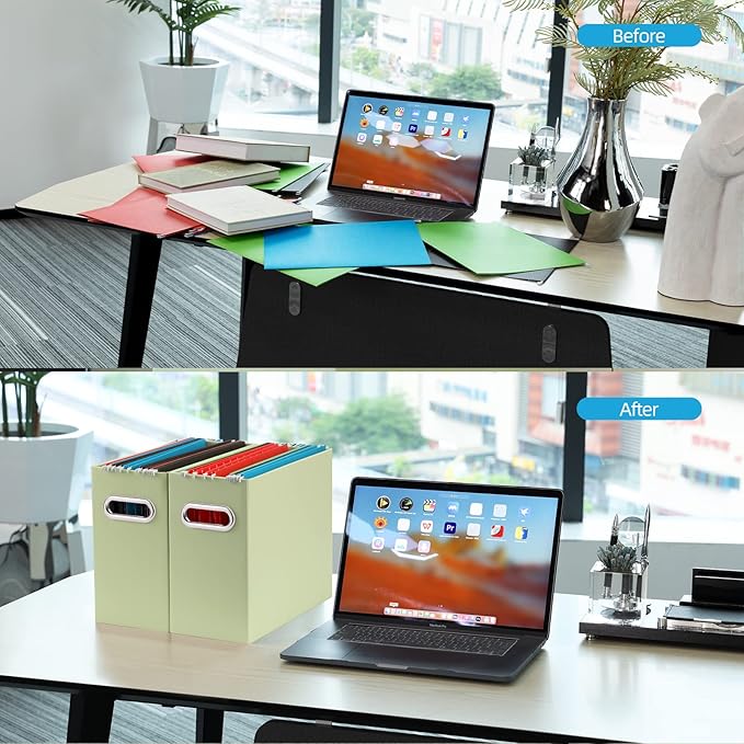 Oterri File Organizer, Small Storage Box, Cardboard File Folder Organizer, Collapsible File Box, Hanging File Organizer for Letter Size, Portable File Box with Handle, Only Box（Green，8 Packs）