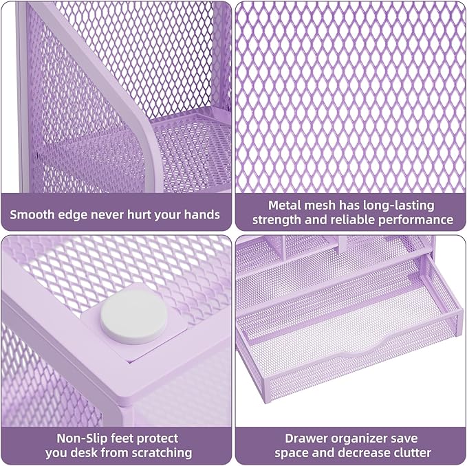 Marbrasse Mesh Pen Holder for Desk, Desk Organizer with Drawer, Multi-Functional Pencil Organizer, Desk Organizers and Accessories for Office Art Supplies (Purple)