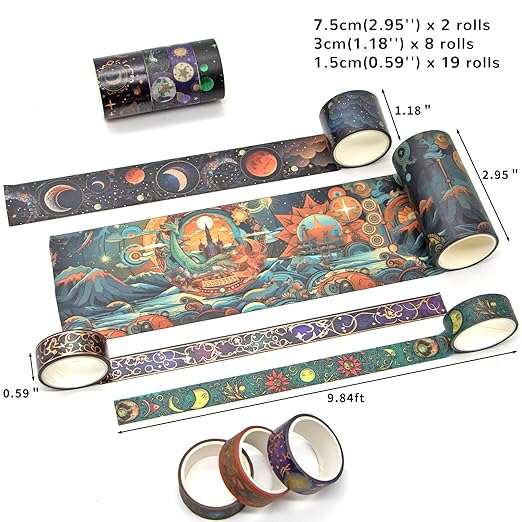 Washi Tape Set 29 Rolls, Magic Themed Decorative Paper Tapes for Journaling, Scrapbooking Supplies, Planners,DIY Crafts,Gift Wrapping