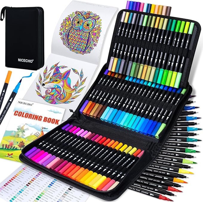 72 Colors Dual Tip Art Markers Pens for Adult Coloring Books, Brush and Fine Tip Coloring Marker for Drawing Journaling Note Taking Lettering